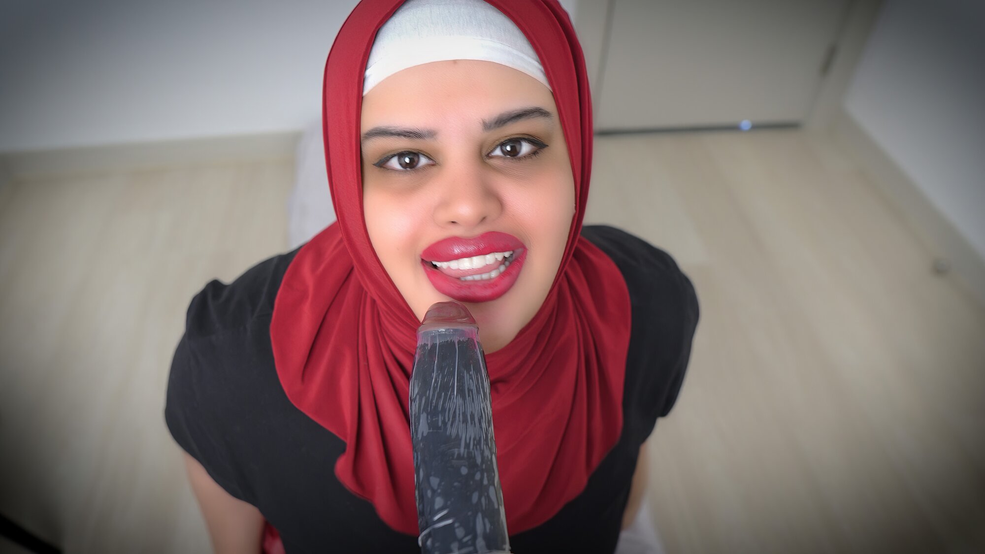Arab StepMom Wearing Hijab Rides Dildo image